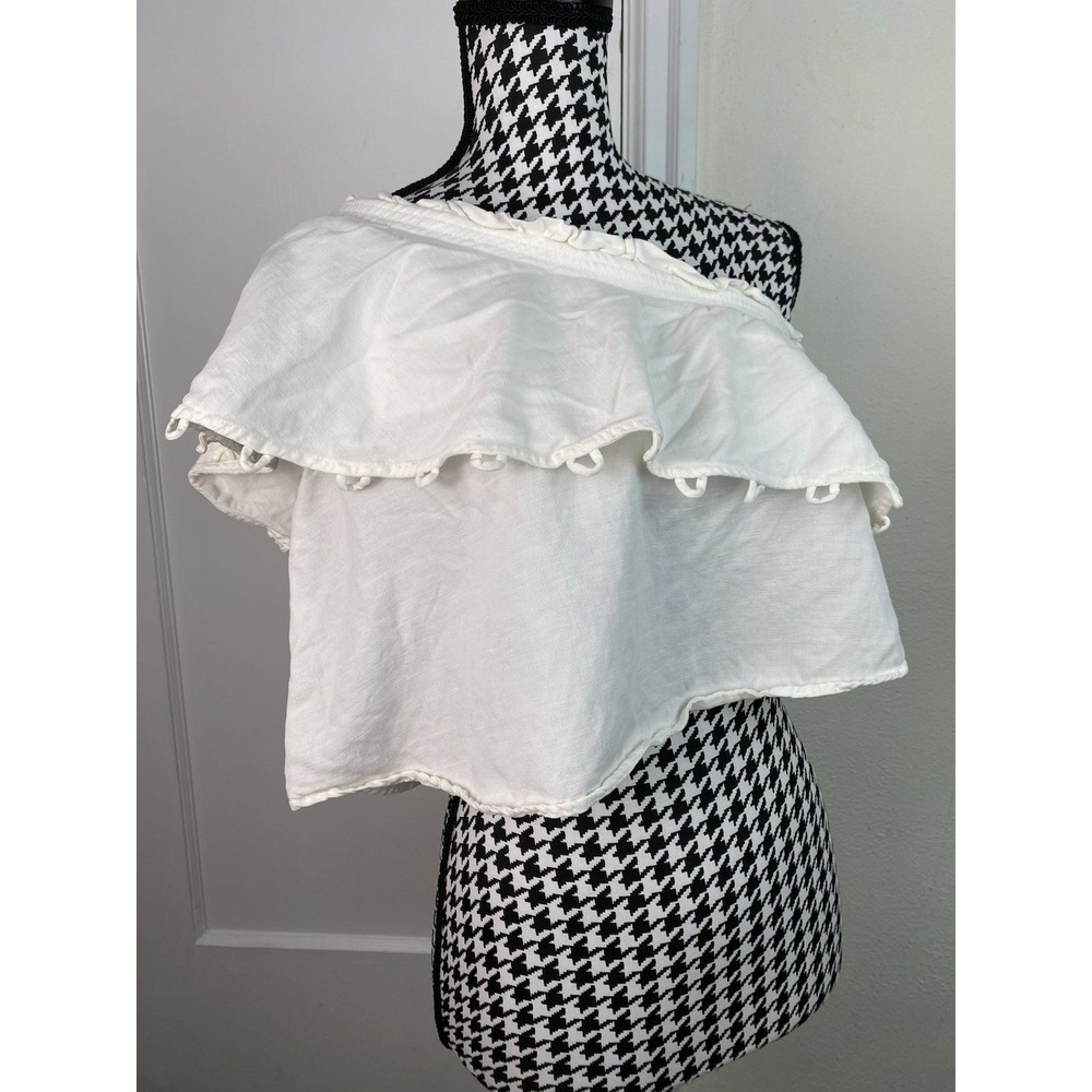 A Piece Apart Women's S White Tencel Linen Blend Layered One Shoulder Crop Top